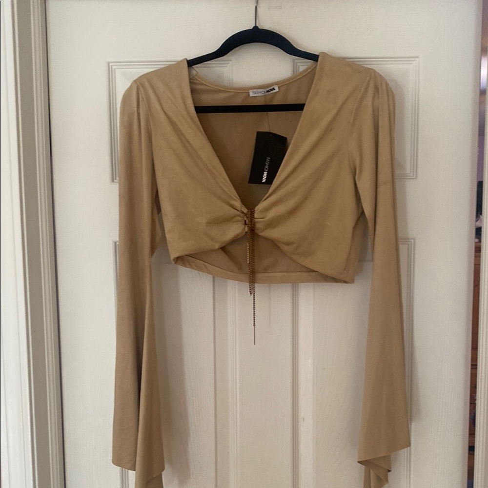 NWT Fashion Nova Tan Bell Sleeve Crop Blouse